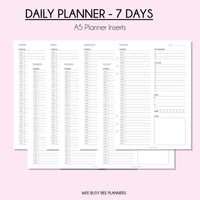 Daily Planner Inserts A5 PRINTED, 7 Day Planner, Day on one Page Planner, Half Hour Planner