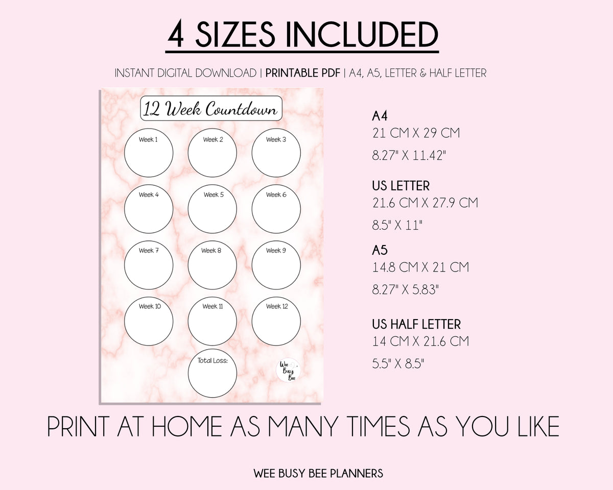 Printable 12 Week Countdown Weight Loss Tracker Chart - Pink Marble ...